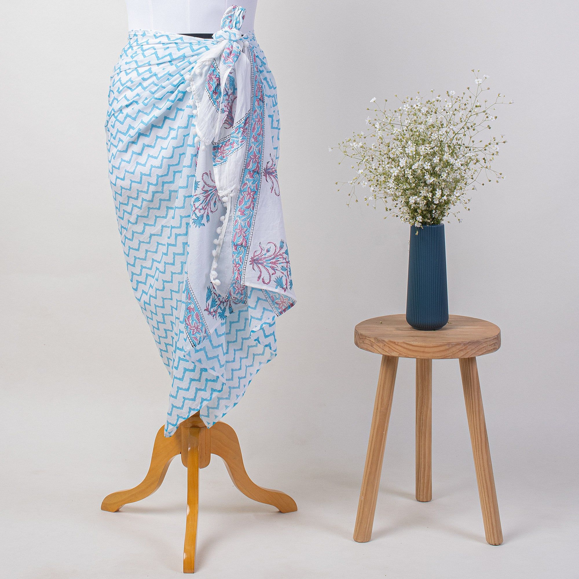 Sky Blue Wave Block Print Cotton Swim Cover Ups 631